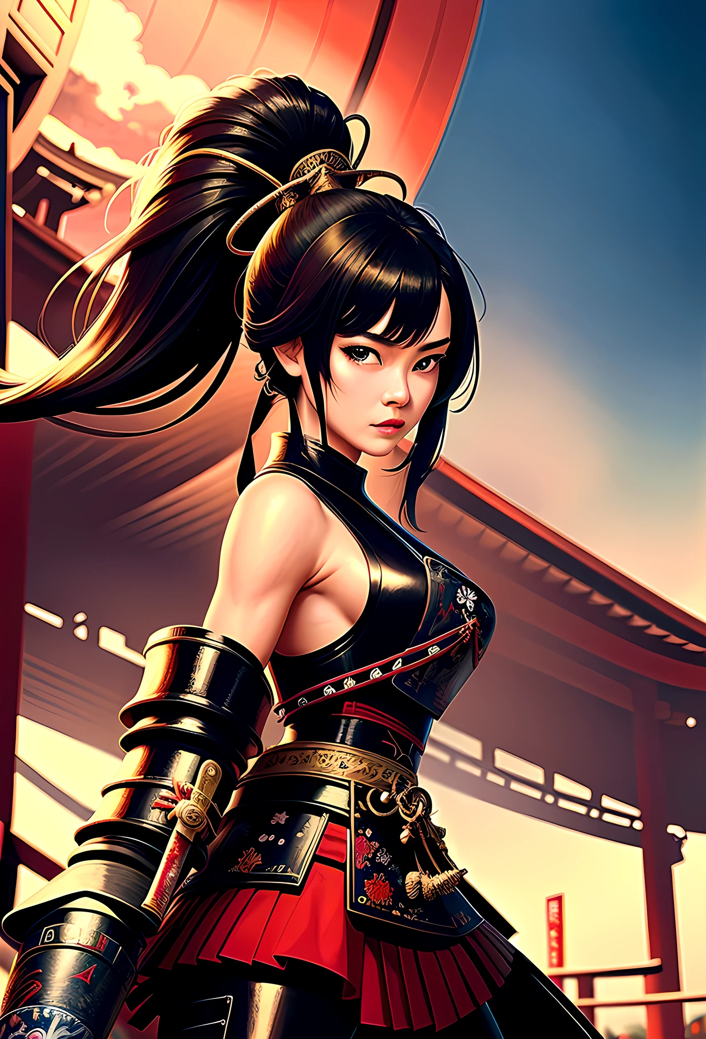 a picture of Japanese female samurai, she has long black hair, wearing samurai armor, armed with a katana, ready for battle, dynamic angle,, Japanese fantasy art, Japanese temple background, (Masterpiece: 1.5), 16k, highres, best quality, high details, ultra detailed, masterpiece, best quality, (extremely detailed), arafed, dnd art, 