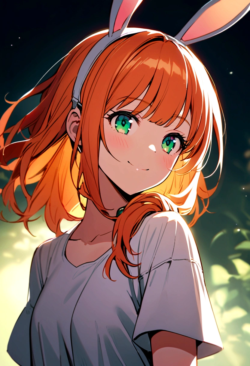 A young beautiful woman with orange hair and bunny ears, emerald green eyes, slightly curly bangs and hair that reaches just below her shoulders,she wears a white t-shirt with a yellow headset hanging on her neck,while she smiles