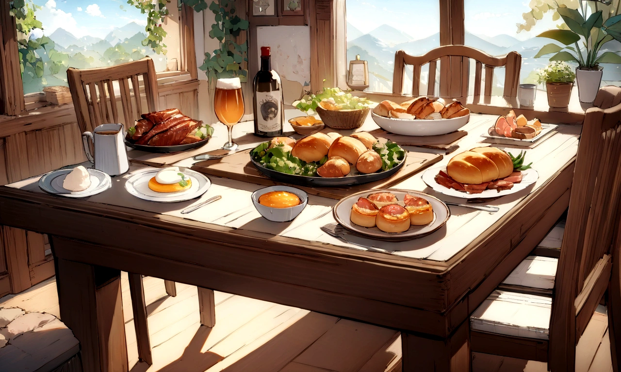 ((((masterpiece, Best Quality, High resolution)))), High detail, manga,anime,Illustrated style,Light, soft and bright colors, Rectangular square dining table,White tablecloth,White tableclothがかけられたテーブルに載せられている料理のアップ,The table top fills the entire screen, In the center of the screen, a large selection of food is displayed on a table.,A sumptuous breakfast on the table,bread,coffee,orange juice,Egg dishes,Bacon and Eggs,,,Food and tableware for six, The evening sunlight is streaming in through the window、A sparkling drink in the sunlight, No humans, RPG-like scenery, There is beer, wine and delicious food on the table., Create a magical and cozy atmosphere, Bright daytime atmosphere.