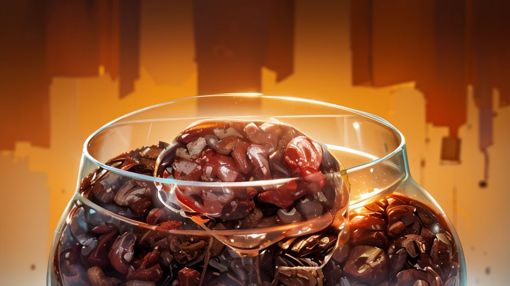 human brain stored in a glass jar, (blood), in a canibal market, dirt ground, dawn time,
