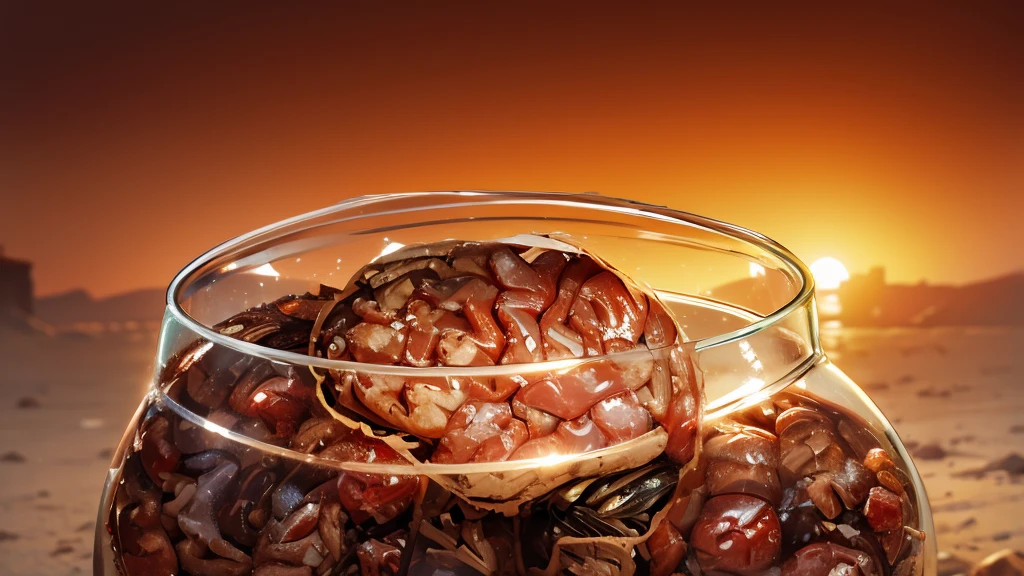 human brain stored in a glass jar, (blood), in a canibal market, dirt ground, dawn time, 