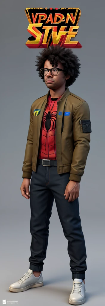 zPDXL, svstyle, concept art hand-drawing Spider-Man: Into the Spider-Verse one African-American boy with Ayoade’s short curly hair,  brown pants High Frame Rate: comic book animation style, creating a smoother and more fluid look, abstract expressionism, storybook illustrations.
2D and 3D Fusion: brown jeans seamlessly blends 2D and 3D animation. Characters and environments are primarily 3D models, but they are textured and rendered to have a 2D comic book appearance. 
Dark brown bomber jacket and  tall, brown jeans, resemblance to Richard aylade Jamaican flag on jacket sleeve , Jamaican flag , Richard Ayoade’s glasses 