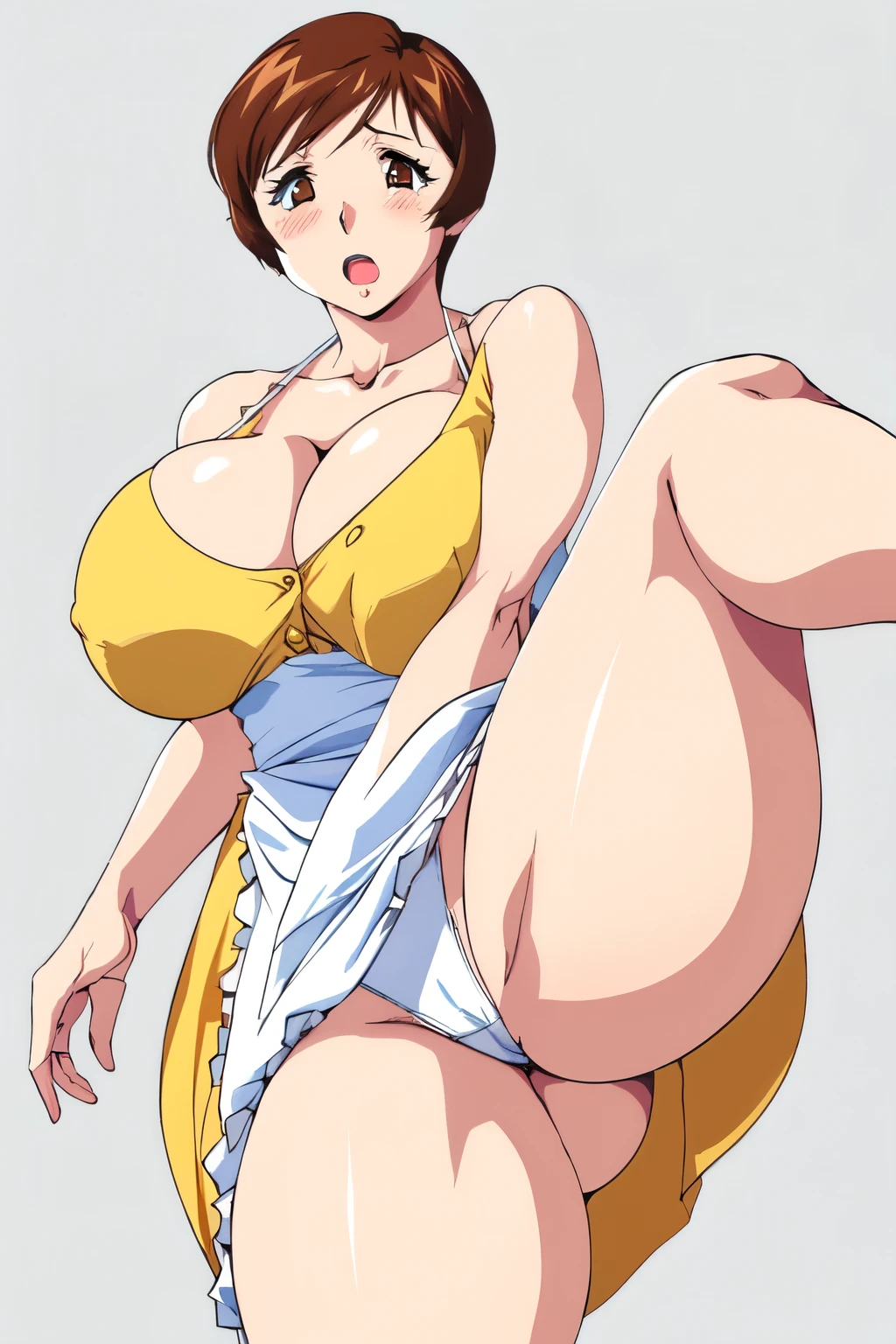 masterpiece, highest quality, High resolution, One girl, alone, sexual intercourse, Pornographic images, short hair, etsukoto, Brown eyes, fine grain, fine grain, (((Thick thighs, Plump thighs, Voluptuous thighs, Thighs alone are enough))), Huge and ample breasts, Cleavage, Huge long breasts, Naughty big,((Big breasts are important))、((Naughty thighs)), L Cup, (thin:1.4),(Tight waist:1.4), (Yellow Dress:1.4), ((white waist apron)), White panties, anguish, :o, blush, (((Simple Background))), ((Wide Hips)), Shiny, Oily skin, Mature mother, Calf, Seductive mature woman, Perfect body, Plus Size Model, curvy, ample, etsukoto, blush, clavicle, retro artstyle, 1990s (style), (thick thighs:1.4), standing split, standing on one leg, bare legs, showing leg, from below, looking down, looking at viewer, nsfw,