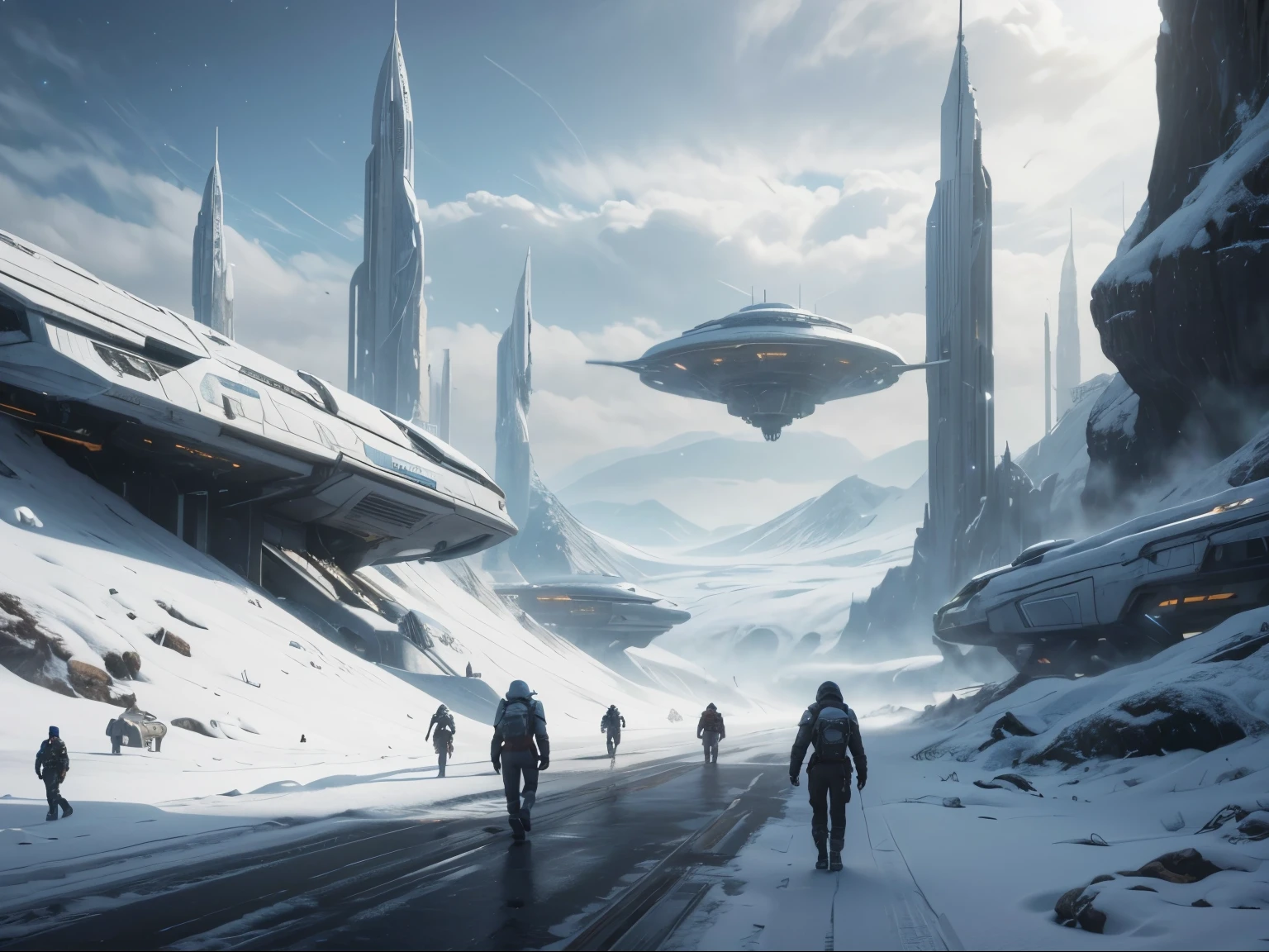 spaceships and people walking on a snowy road in a sci - fi environment, sci fi epic digital art, sci fi artwork, sci-fi digital art illustration, 8 k high detail concept art, beautiful sci fi art, epic fantasy sci fi illustration, detailed sci-fi art, sci-fi fantasy wallpaper, 4k concept art, 4 k concept art
