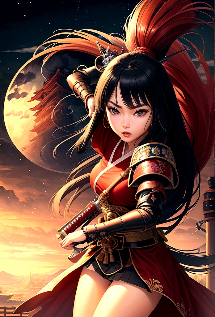 a picture of Japanese female samurai, she has long black hair, wearing niji armor, armed with a katana, ready for battle, dynamic angle,, Japanese fantasy art, Japanese temple background, (Masterpiece: 1.5), 16k, highres, best quality, high details, ultra detailed, masterpiece, best quality, (extremely detailed), arafed, dnd art,