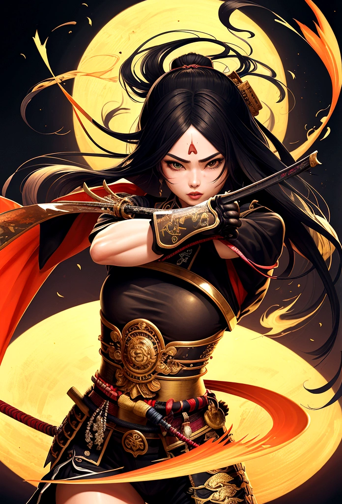 a picture of Japanese female samurai, she has long black hair, wearing niji armor, armed with a katana, ready for battle, dynamic angle,, Japanese fantasy art, Japanese temple background, (Masterpiece: 1.5), 16k, highres, best quality, high details, ultra detailed, masterpiece, best quality, (extremely detailed), arafed, dnd art,