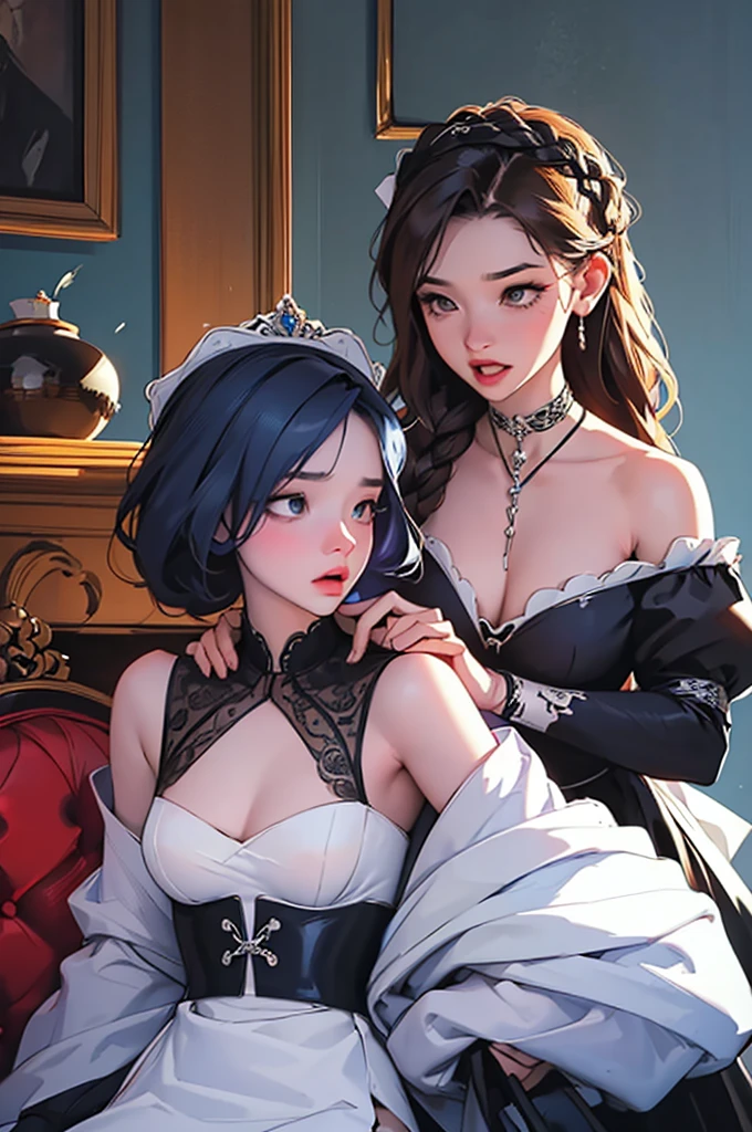Masterpiece, dynamic composition, ((2 females)), queen dominating her maid, queen tying up her maid, maid tied by queen, masturbating, fingering her, scared, bdsm, bound, bondage, tied up, bound together, shibary, beautiful bodies, dynamic shot, dark, low light, cold blue light, high contrast