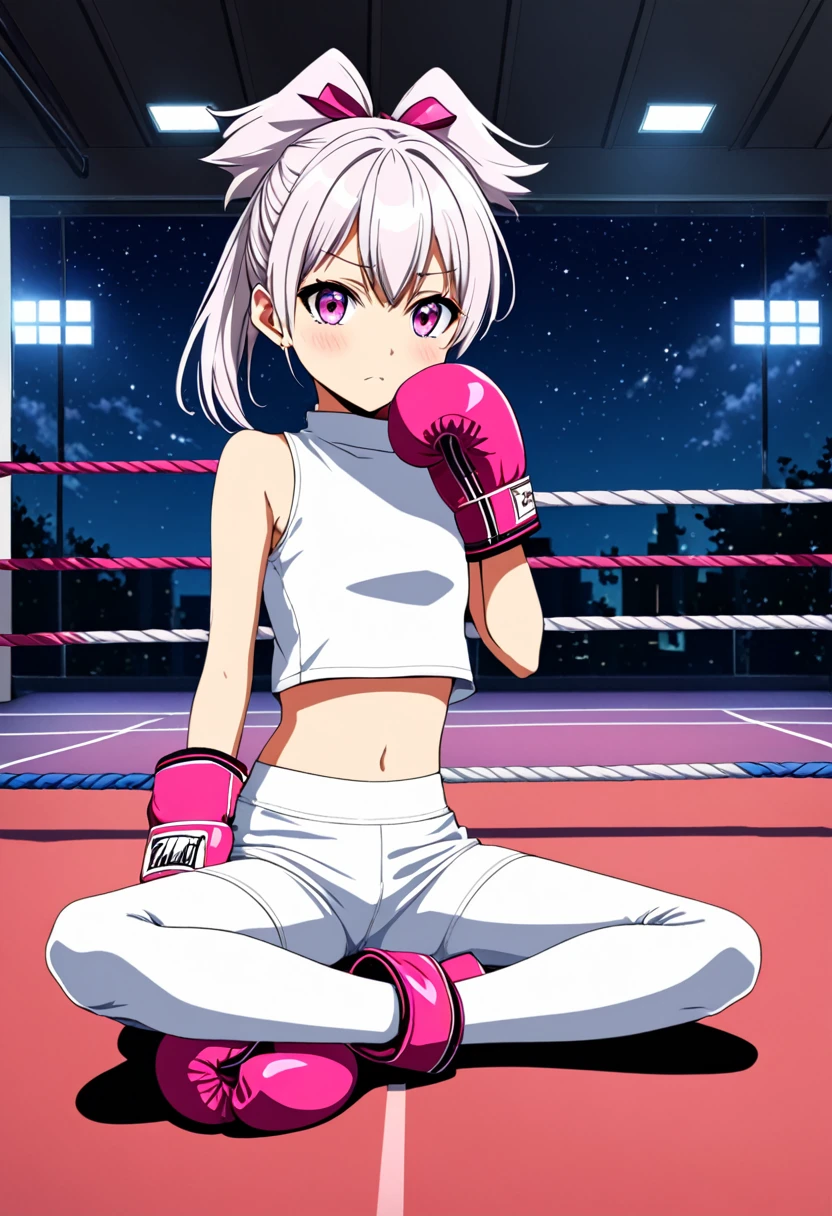 2D anime picture, (anime style 1), single school girl, 10 years old, sadistic, Japanese, красивая длинная чёрная причёска in white high neck crop top, in white leggings, in pink boxing gloves стоит возле боксёрском ринге, in empty gym, night