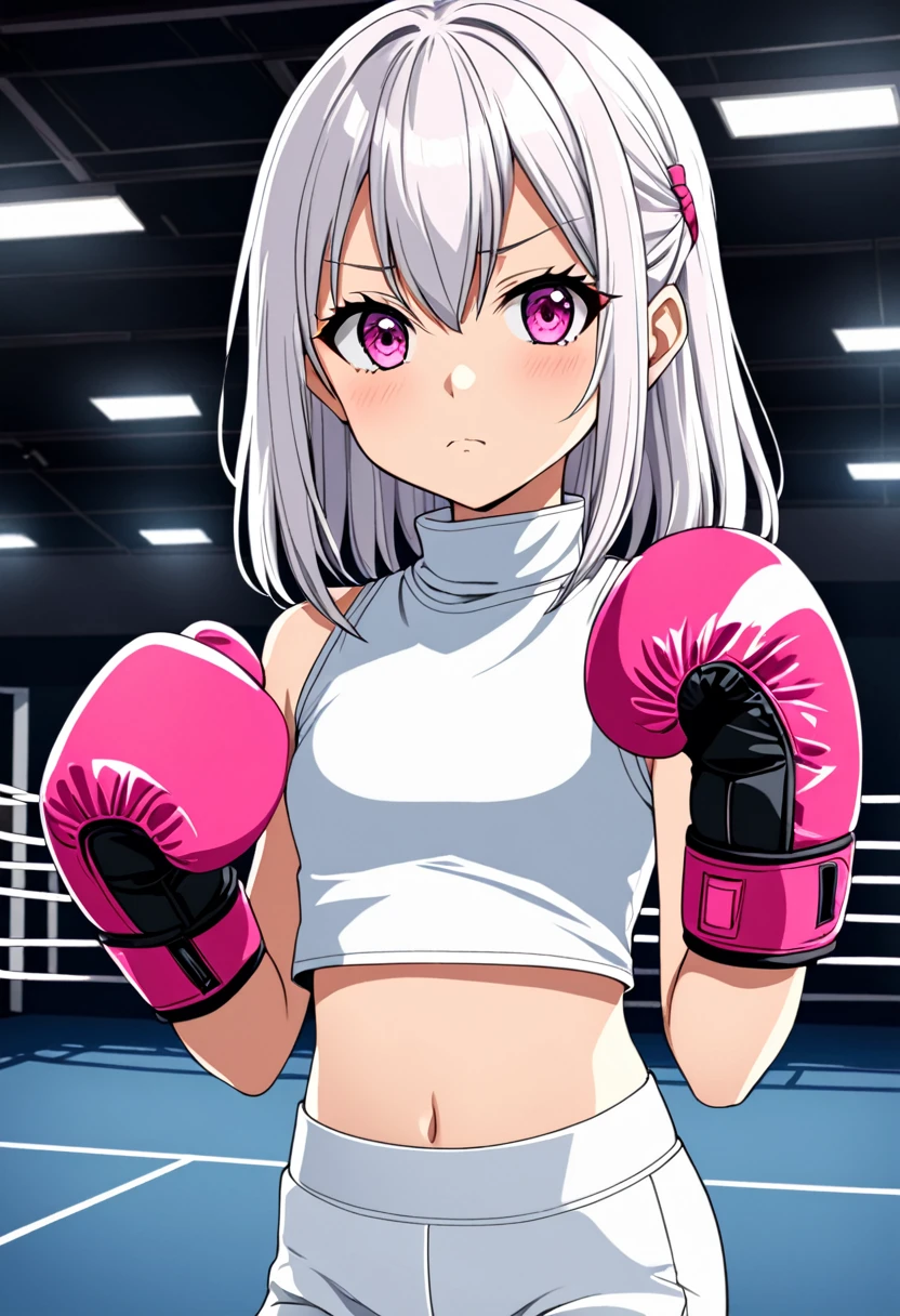 2D anime picture, (anime style 1), single school girl, 10 years old, sadistic, Japanese, красивая длинная чёрная причёска in white high neck crop top, in white leggings, in pink boxing gloves стоит возле боксёрском ринге, in empty gym, night