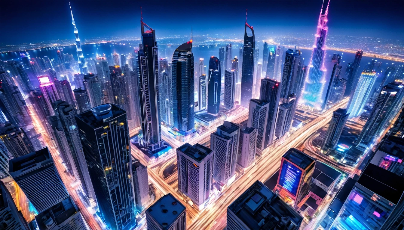 Dubai city night view、light up、watercolor、pastel、Beautiful Neon、Night view from a high floor