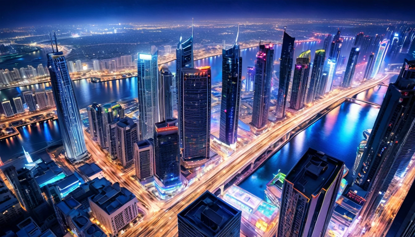Dubai city night view、light up、watercolor、pastel、Beautiful Neon、Night view from a high floor