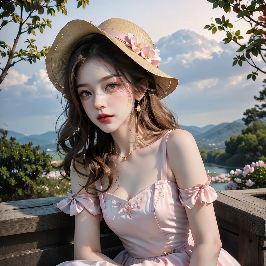 Masterpiece, Best quality, high resolution, realistic , hyperrealism , lifelike photography ,1950s, portrait position, alluring beautiful full body shot, (curly blondish brunette long hair, blue cat-shaped eyes), white skin with freckles, beautiful pink flower hat, beautiful period dress with flower embroidery and details , beautiful golden necklaces & bracelets, elegant bearing, beautiful landscape background of a rose & lilac & orchid garden, high budget , beautiful mesmerizing face and small nose, long and curly sparkling hair , holding a beautiful orange stray cat , clivage , sunset , pink clouds , yellowish red rays at the horizon, elegant posing, beautiful legs, fit body, gorgeous Russian woman sitting on a park bench