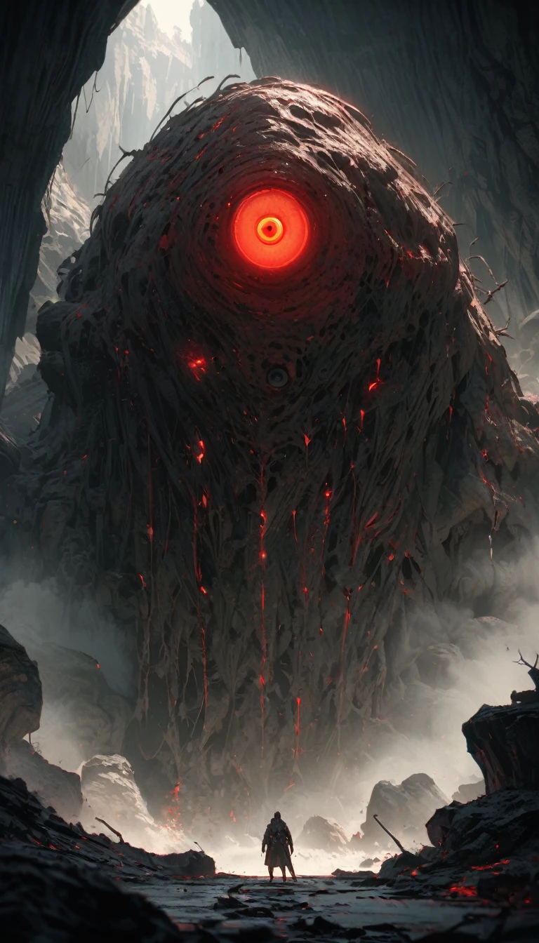 Ultra Detail,Dark and mysterious cave,Thick fog,The faint light of the torch,Black and red,The faintly visible blood-red giant eye,Vague,Smudge,Vision,Super Fine,Ultra Detailed,high quality,8K ,Graphic illustration,oc renderer