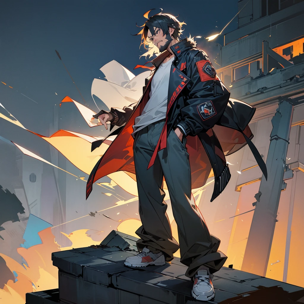 1male, adult, messy short hair, casual clothing, baggy pants, varcity jacket, standing on ruined building, night time, serious expression, muscular, full beard, goggles