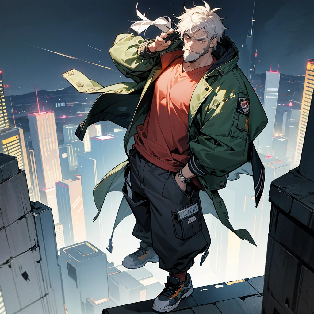 1male, adult, messy short hair, casual clothing, baggy pants, varcity jacket, standing on ruined building, night time, serious expression, muscular, full beard, goggles