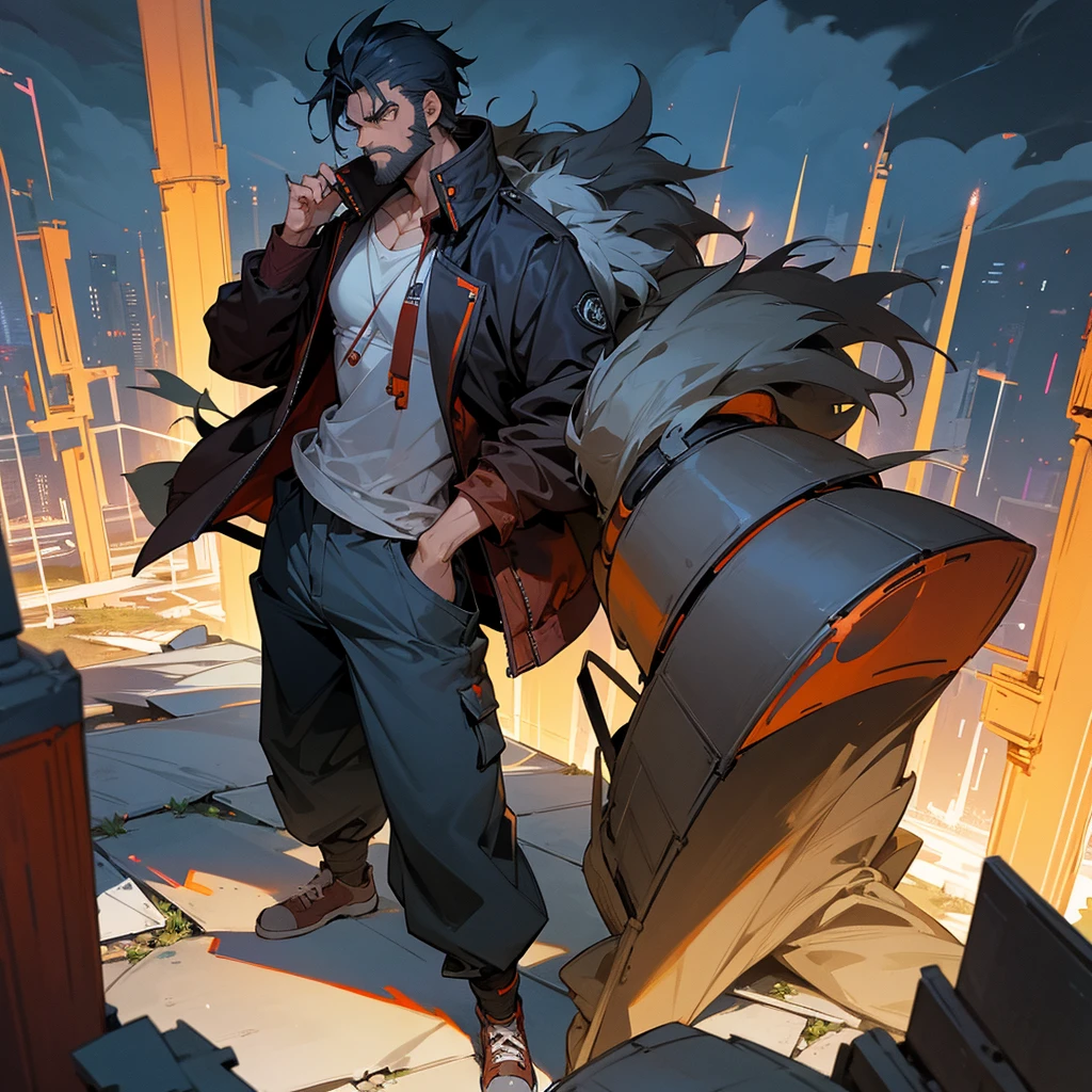 1male, adult, messy short hair, casual clothing, baggy pants, varcity jacket, standing on ruined building, night time, serious expression, muscular, full beard, goggles