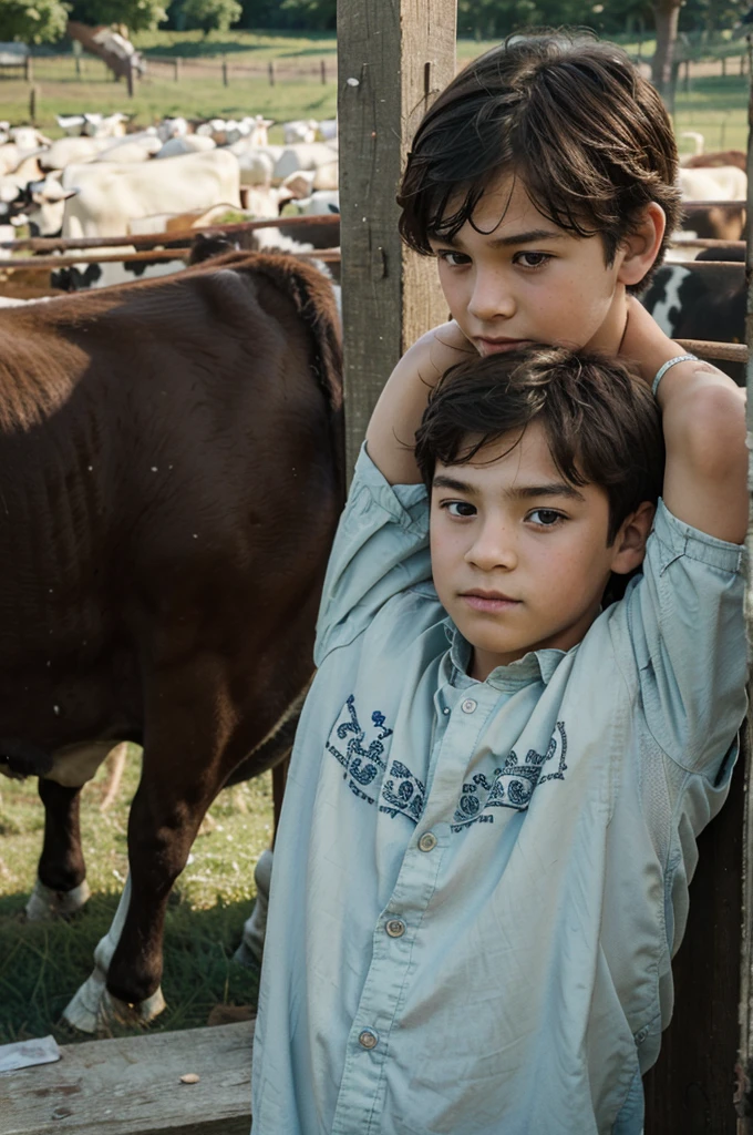 ((best quality)), ((masterpiece)), (detailed), a boy, with many cows, in the greenfield