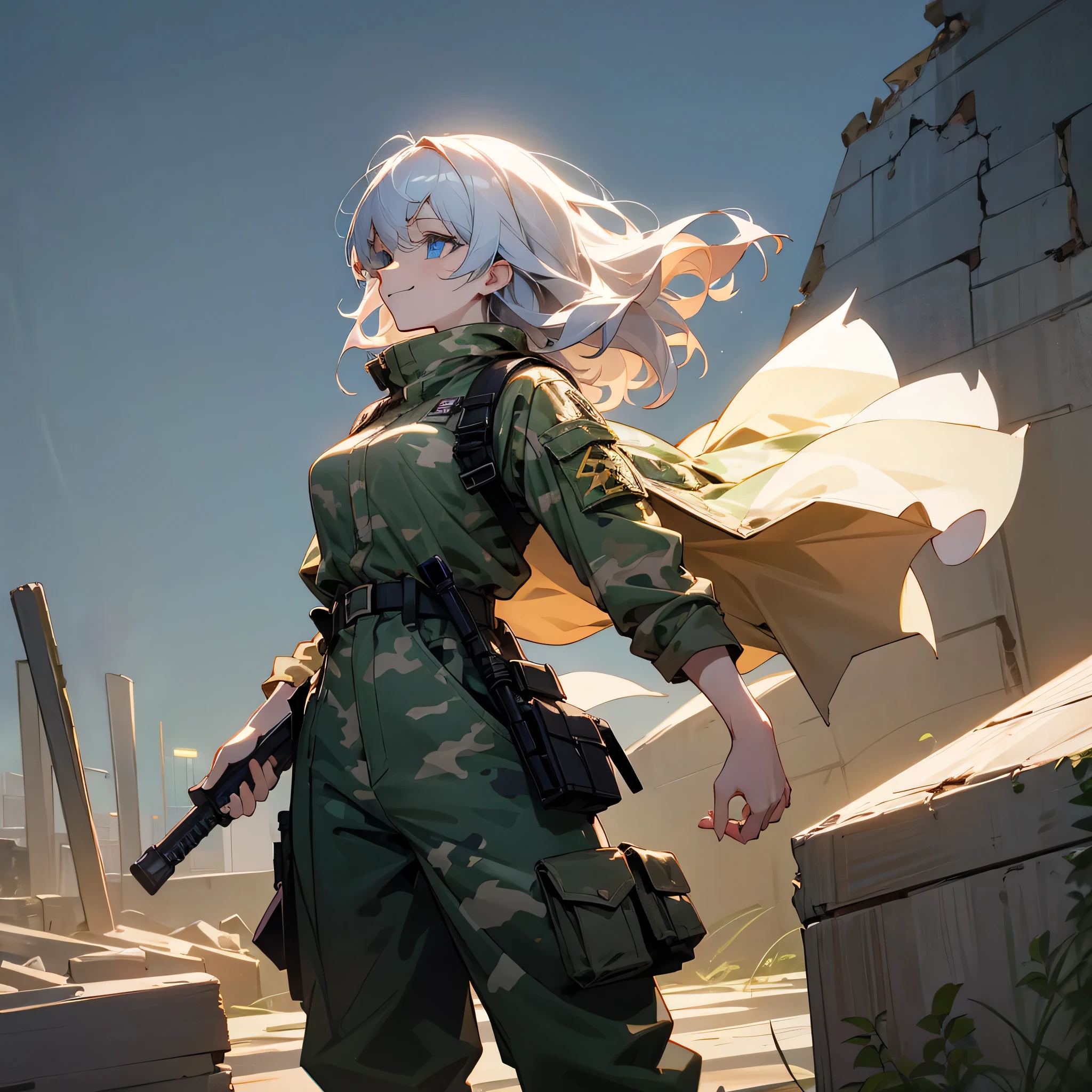 1female, adult, finely detailed blue eyes, wavy medium hair, pale orane hair, baggy army camo combat pants, standing on ruined building, night time, happy expression, scars, sunglasses
