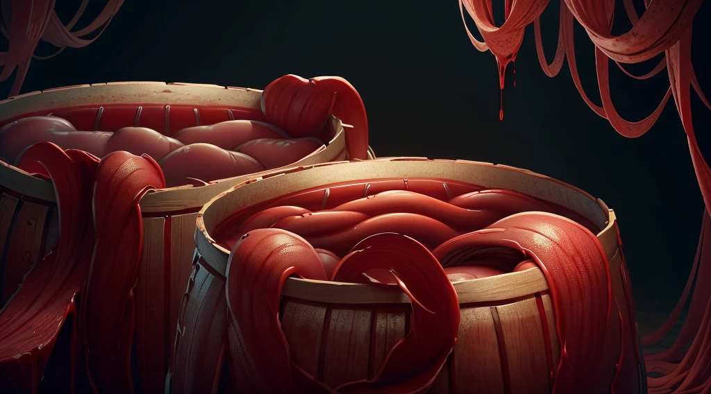 wooden barrels filled with human intestines, blood, AnatomicTech
blood vessels, gore, horror, 