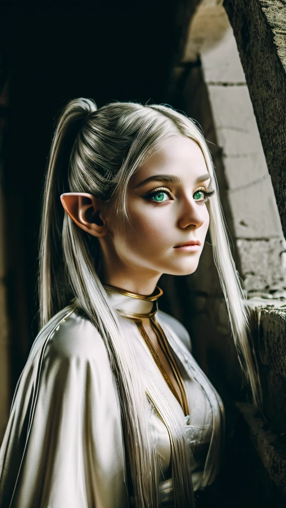 In realistic photo of high quality and detail, Frieren (Sousou no Frieren), dark fantasy, retro movie style, european, A petite elf girl with green eyes, thick eyebrows and long white hair parted in the middle and braided into two high pigtails. She has large pointed elf ears, 1girl, Depth & Perspective, she's wearing a white lingerie, dramatic look, fine face, indoors, she's stands in the ruins, ancient ruins on the background, daylight, looking at viewer, (very detailed face:1.4), (capricious, private study:1.3), (Ultra-high detail:1.2), Motion photography, high details, detailed and intricate, intricate details, high intricate details, Absurd amount of detail, absurdity, high resolution, (high quality:1.2, masterpiece:1.2, :1.21), Masterpiece, Best Quality, Ultra-detailed, Cinematic lighting, 8K, delicate features, cinematic, 35 mm lens, f/1.9, highlight lighting, global lighting –uplight –v 4, cinematic, (Solo Focus), (extremly intricate:1.3), (Realistic)