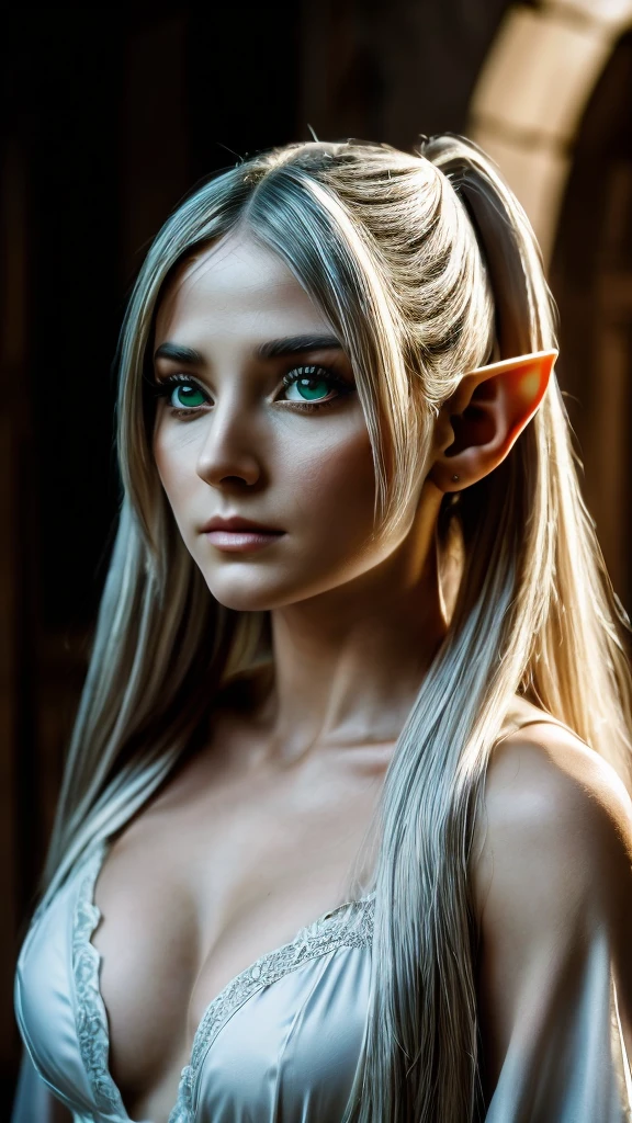 In realistic photo of high quality and detail, Frieren (Sousou no Frieren), dark fantasy, retro movie style, european, A petite elf girl with green eyes, thick eyebrows and long white hair parted in the middle and braided into two high pigtails. She has large pointed elf ears, 1girl, Depth & Perspective, she's wearing a white lingerie, dramatic look, fine face, indoors, she's stands in the ruins, ancient ruins on the background, daylight, looking at viewer, (very detailed face:1.4), (capricious, private study:1.3), (Ultra-high detail:1.2), Motion photography, high details, detailed and intricate, intricate details, high intricate details, Absurd amount of detail, absurdity, high resolution, (high quality:1.2, masterpiece:1.2, :1.21), Masterpiece, Best Quality, Ultra-detailed, Cinematic lighting, 8K, delicate features, cinematic, 35 mm lens, f/1.9, highlight lighting, global lighting –uplight –v 4, cinematic, (Solo Focus), (extremly intricate:1.3), (Realistic)