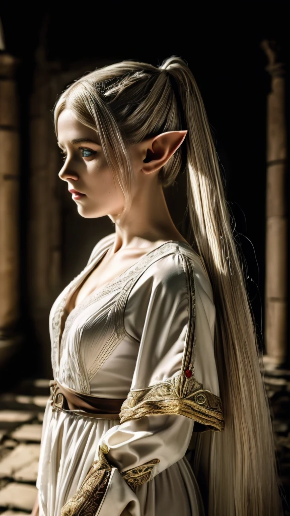 In realistic photo of high quality and detail, Frieren (Sousou no Frieren), dark fantasy, retro movie style, european, A petite elf girl with green eyes, thick eyebrows and long white hair parted in the middle and braided into two high pigtails. She has large pointed elf ears, 1girl, Depth & Perspective, she's wearing a white lingerie, dramatic look, fine face, indoors, she's stands in the ruins, ancient ruins on the background, daylight, looking at viewer, (very detailed face:1.4), (capricious, private study:1.3), (Ultra-high detail:1.2), Motion photography, high details, detailed and intricate, intricate details, high intricate details, Absurd amount of detail, absurdity, high resolution, (high quality:1.2, masterpiece:1.2, :1.21), Masterpiece, Best Quality, Ultra-detailed, Cinematic lighting, 8K, delicate features, cinematic, 35 mm lens, f/1.9, highlight lighting, global lighting –uplight –v 4, cinematic, (Solo Focus), (extremly intricate:1.3), (Realistic)