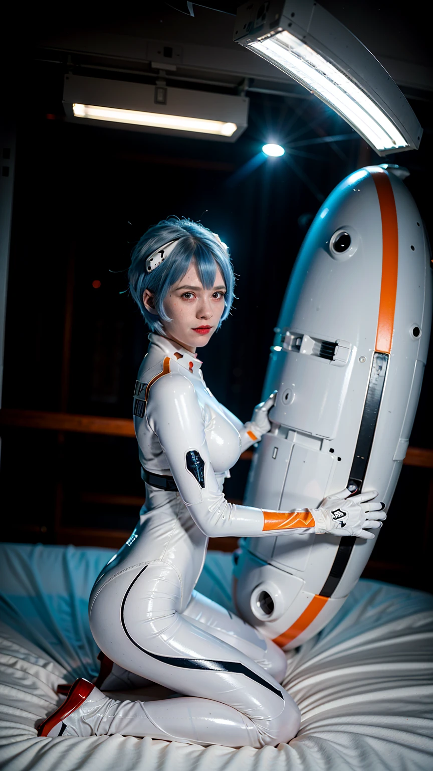 (masterpiece), (best quality), (red eyes), (epiCRealLife), (red lipstick), (j4nu4ryj0n3s) (young woman), (European Model), (Plugsuit), (ayanami_rei plugsuit), interface headset, white bodysuit),(white gloves) (red eyes), (blue hair), (medium breasts),(flash photography), (natural lights), (ample lights),( light smile), (pose for picture), (white gloves), (light smile),  (lying on the space bed), (space station lobby), (kneeling poses), (spaceship cockpit), (galaxy scenery), (from side)