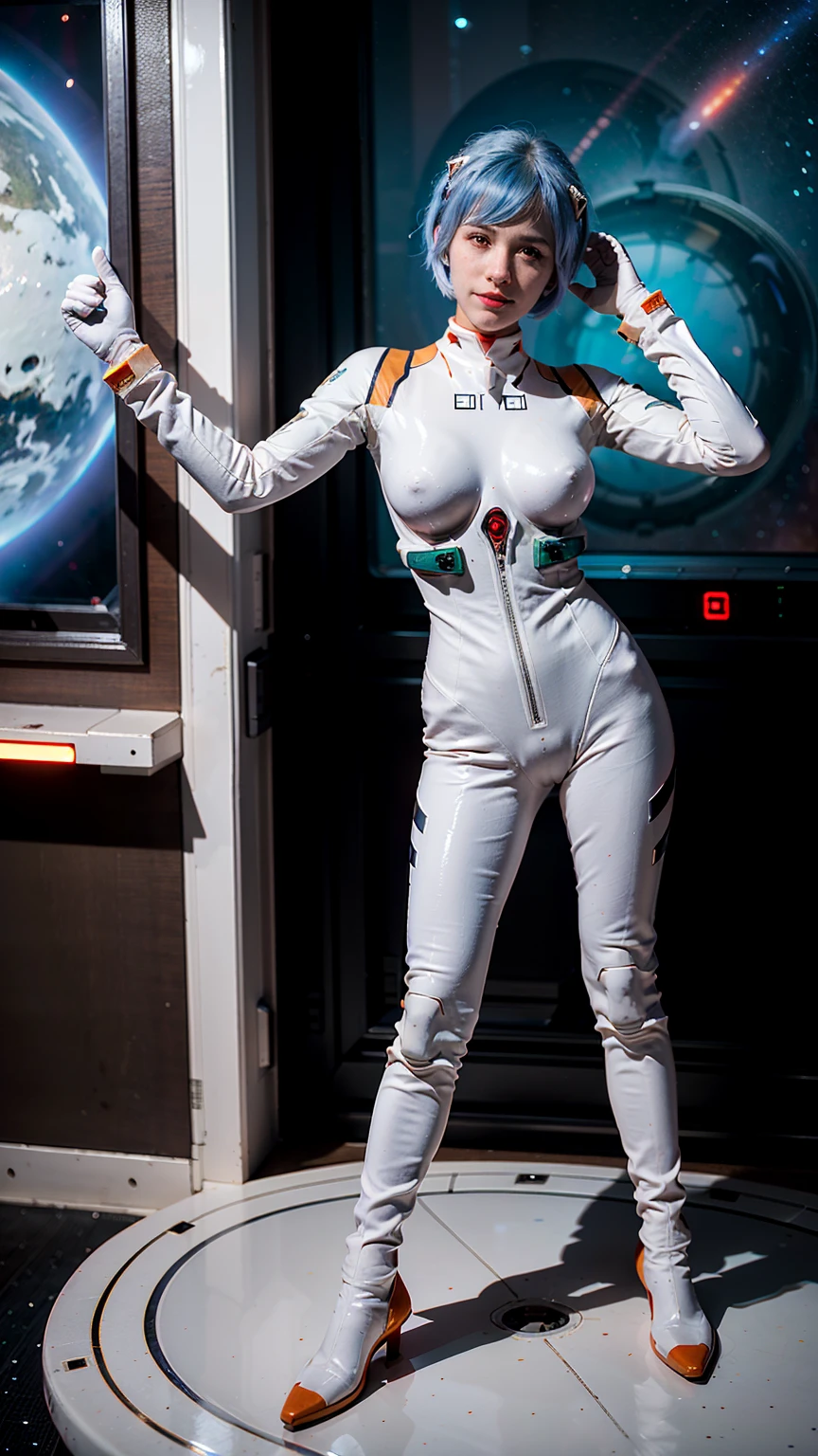 (masterpiece), (best quality), (red eyes), (epiCRealLife), (red lipstick), (j4nu4ryj0n3s) (young woman), (European Model), (Plugsuit), (ayanami_rei plugsuit), interface headset, white bodysuit),(white gloves) (red eyes), (blue hair), (medium breasts),(flash photography), (natural lights), (ample lights),( light smile), (pose for picture), (white gloves), (light smile),  (lying on the space bed), (space station lobby), (back poses), (spaceship cockpit), (galaxy scenery), 