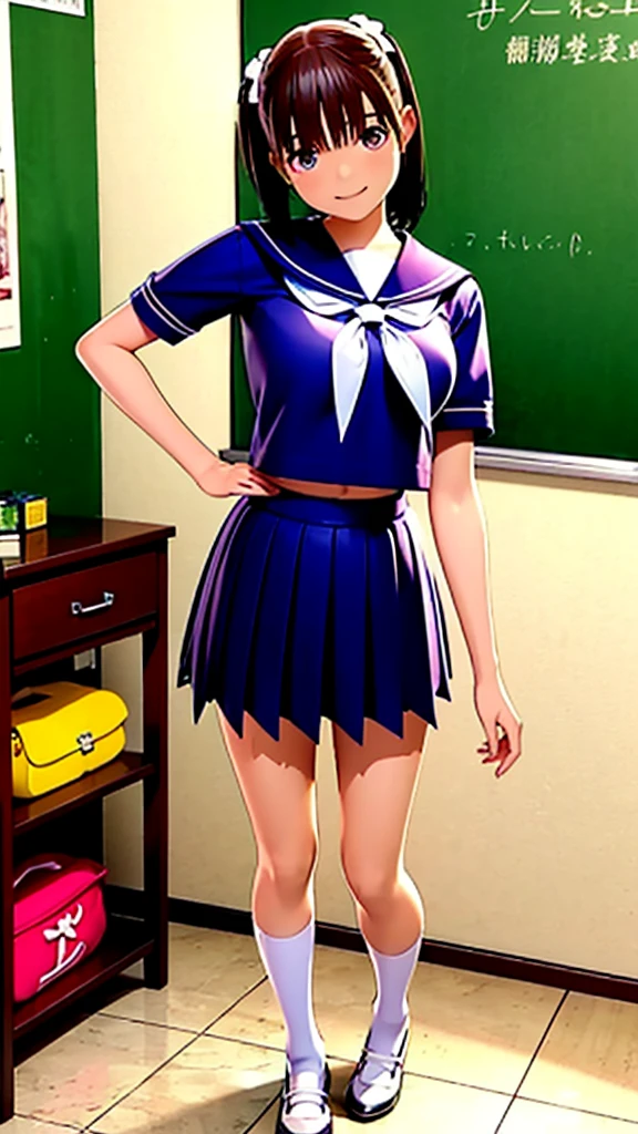 highest resolution, 8K ,Best Quality, high detailed, semi-realistic anime, Anime 3D Style, Smooth Anime CG,1 girl in,14year old woman in Japan, slim, modeled, shiny chestnut hair, Medium Hair, school Sailor Suit, (clothes lift), (show bra), Junior High, Short sleeve, Navy blue mini skirt, White knee-high socks, Black leather shoes, School bag, in the school classroom, smile, Facing forward,
