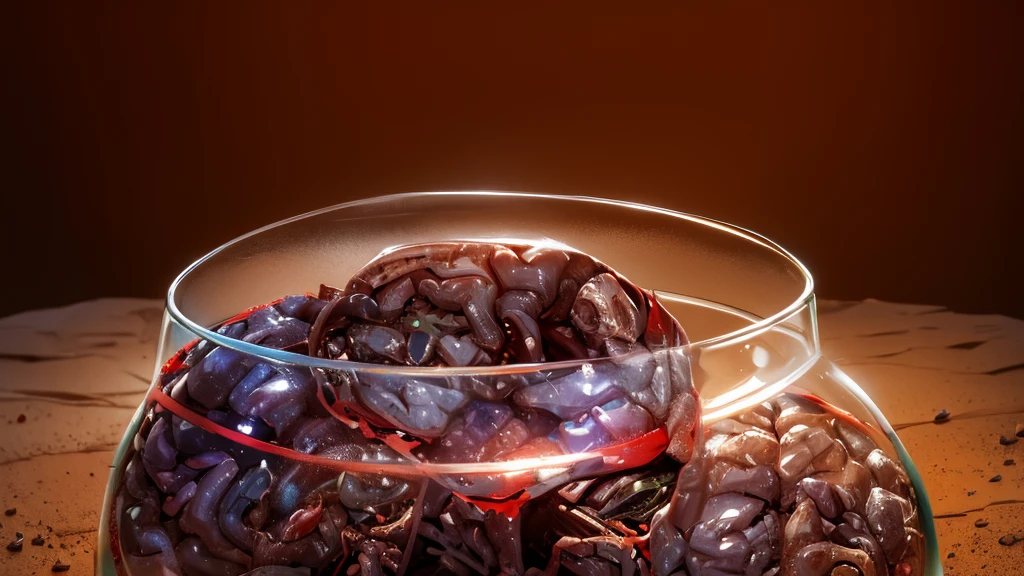 human brain stored in a glass jar, (blood), dirt ground, dawn time,
