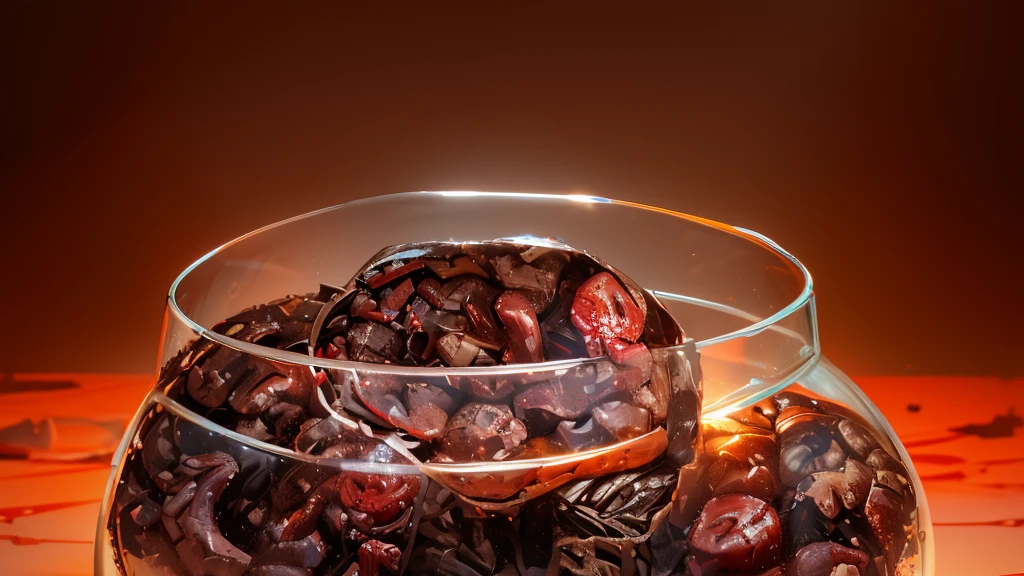 human brain stored in a glass jar, (blood), dirt ground, dawn time,