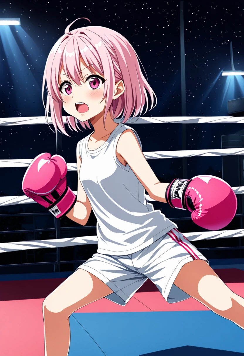  2D anime picture, (anime style 1), single school girl, 10 years old, sadistic, Japanese, красивая длинная чёрная причёска in white t-shirt without sleeves, in white shorts, in pink boxing gloves стоит возле боксёрском ринге, in empty gym, night 