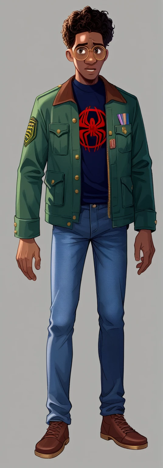 zPDXL, svstyle, concept art hand-drawing Spider-Man: Into the Spider-Verse one African-American boy with Ayoade’s short curly hair, 15 years old  brown pants High Frame Rate: comic book animation style, creating a smoother and more fluid look, abstract expressionism, storybook illustrations.
2D and 3D Fusion: brown jeans seamlessly blends 2D and 3D animation. Characters and environments are primarily 3D models, but they are textured and rendered to have a 2D comic book appearance. 
Dark brown bomber jacket and  tall, brown jeans, resemblance to Richard aylade Jamaican flag on jacket sleeve , Jamaican flag , Richard Ayoade’s glasses 