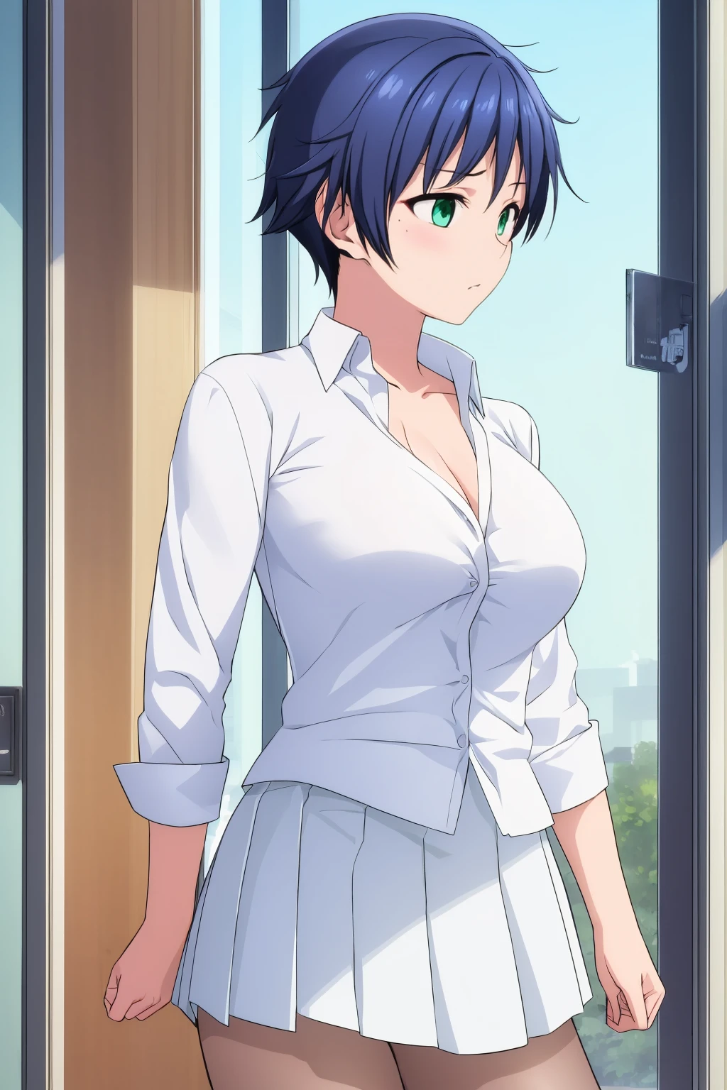 Ultra-high resolution、Ultra HD、8k,Realistic、tomboy、Boyish Girl、Big Breasts、tsurime,White blouse、White dress shirt、Large Breasts、blue-hair、very-short-hair,green-eyes,Black mini skirt、black-pantyhose,angry、White shirt with collar