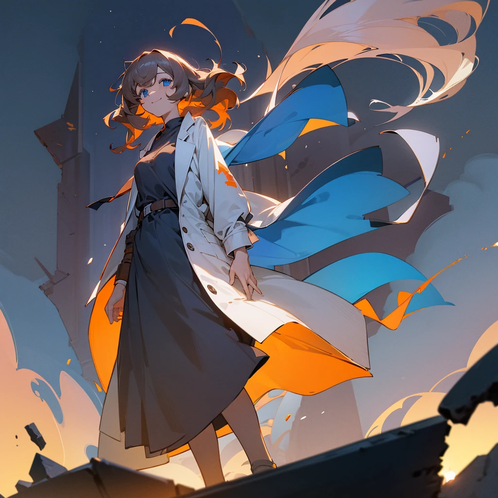 1female, adult, finely detailed blue eyes, wavy medium hair, pale ember hair, lab coat, standing on ruined building, night time, happy expression, sunglasses