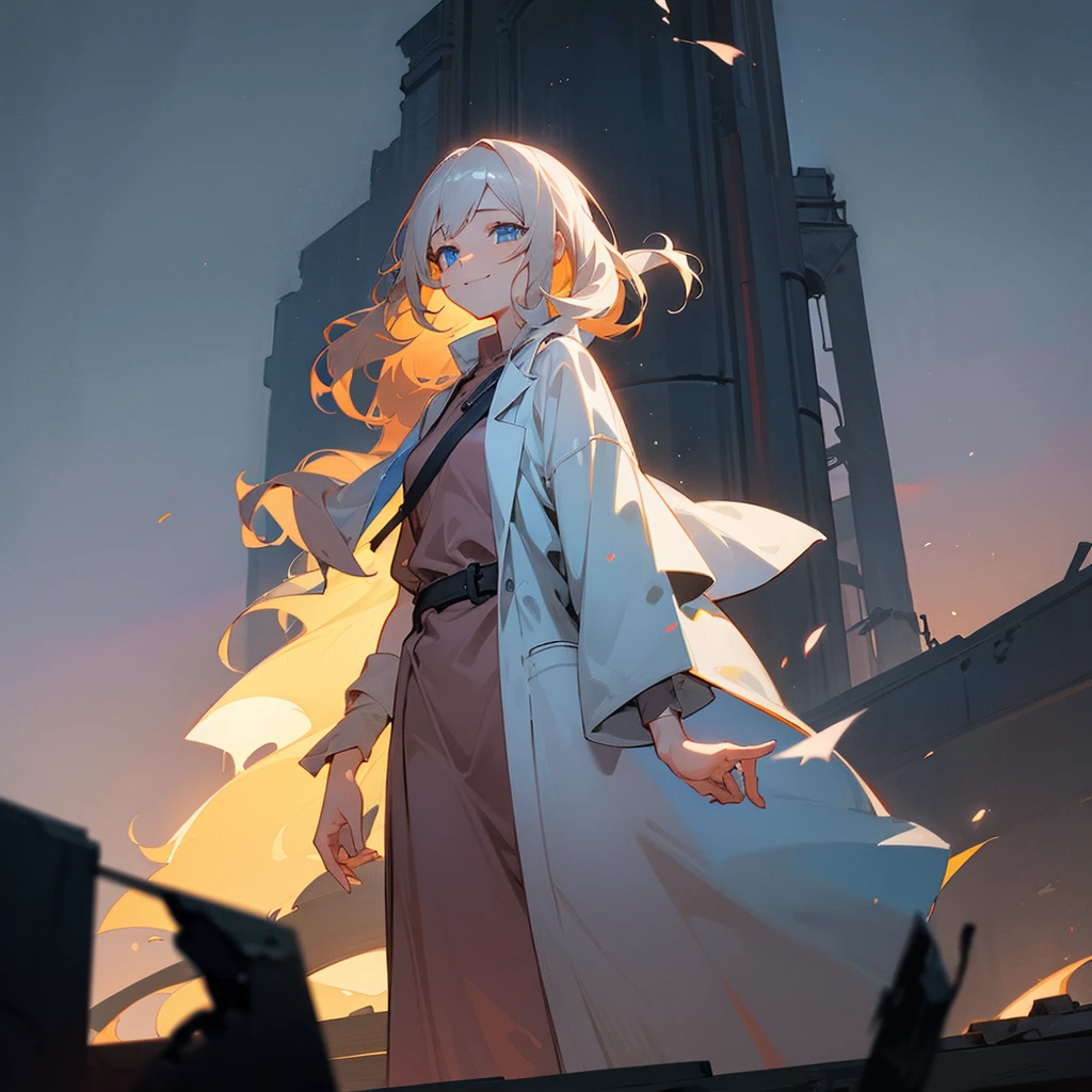 1female, adult, finely detailed blue eyes, wavy medium hair, pale ember hair, lab coat, standing on ruined building, night time, happy expression, sunglasses