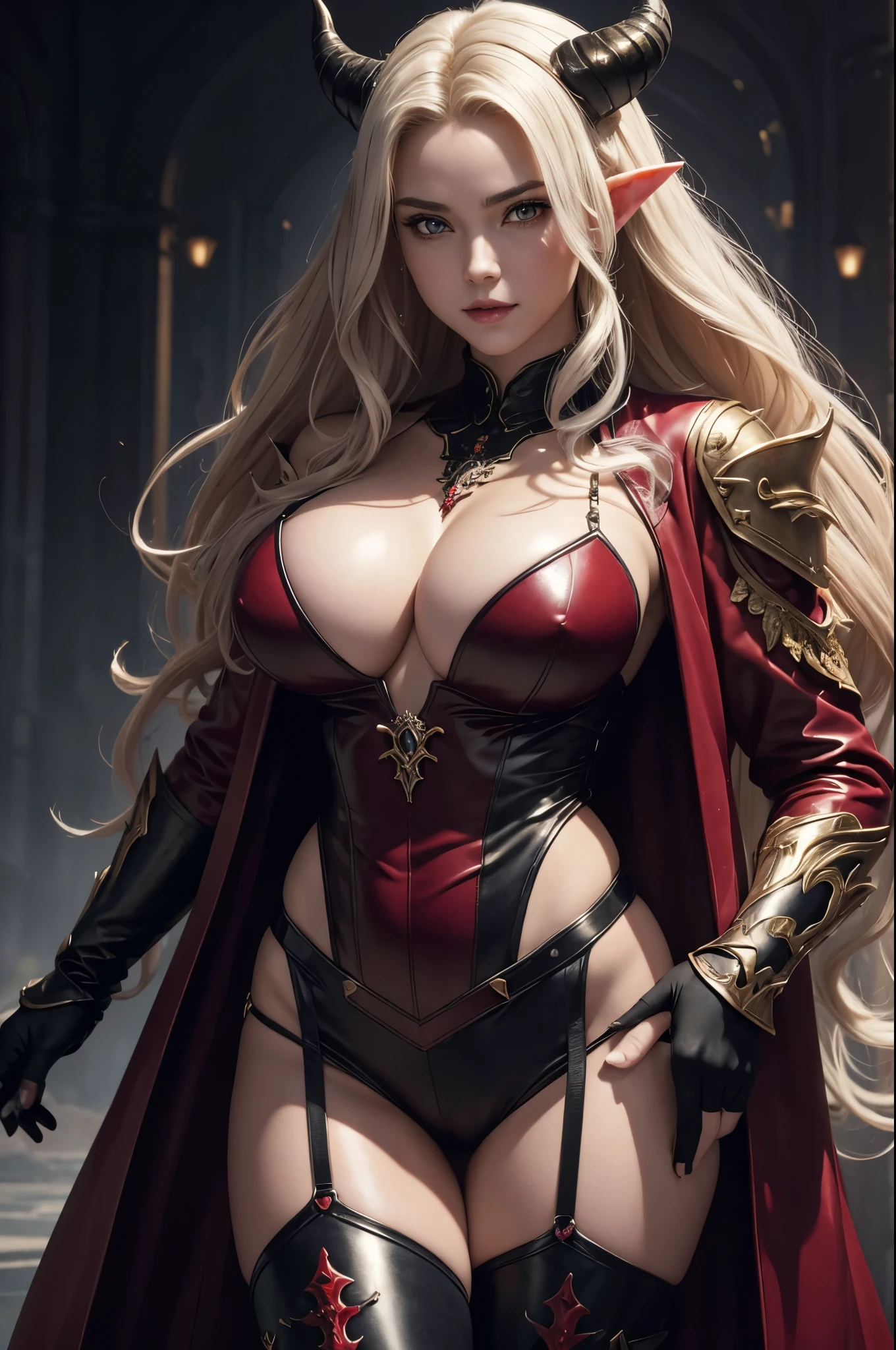8k,White curly hair with vampire fangs,Close-up of a queen with very large breasts(Ultra-realisticな肌), so beautiful(Like the real thing),Elf Ears,2. 5D CGIファンタジーアートワーク,Portrait of the Queen of the Underworld, Highly detailed art gems, Types of bacteria ; 3D Unreal Engine, demon queen, Big blow Loss Draw, Up to the model | Types of bacteria, Beautiful Succubus Surreal Exact details,Ultra-high resolution,Ultra-realistic,Luxurious red and black combat trousers,Sexy Costumes,Intricately crafted demon crest,A muscular and slim macho man,Muscular, slim-legged macho man,Rich colors, Backlight, Cinema Lighting, Film Grain, 50mm lens, Nikon D850,Ultra-high resolution,Ultra-realistic,compensate,Super sexy,smile,Super intense and has a strong abdominal muscle,Big eyes,Very large breasts,whole body muscular,,The supermarket is the moon,Dark purple eyeshadow,God of,Dark Purple Rouge,Sharp eyes,Golden Eyes,Red devil horns,Top view,close,Very large breastsの谷間を強調する,Gorgeous red and black long coat(Leather goods),Full body muscle pump,