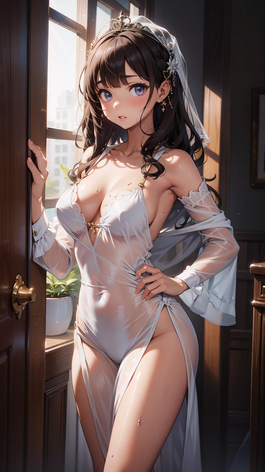 Sexy Sheer Colonial Dress, Perfect body, Clear chest, Well-defined collarbone, Surreal, lifelike, detailed, Perky transparent nipples, Wet clothes(whole body:1.1),cross,Holy,best quality,Large Breasts,Big Ass,No underwear
