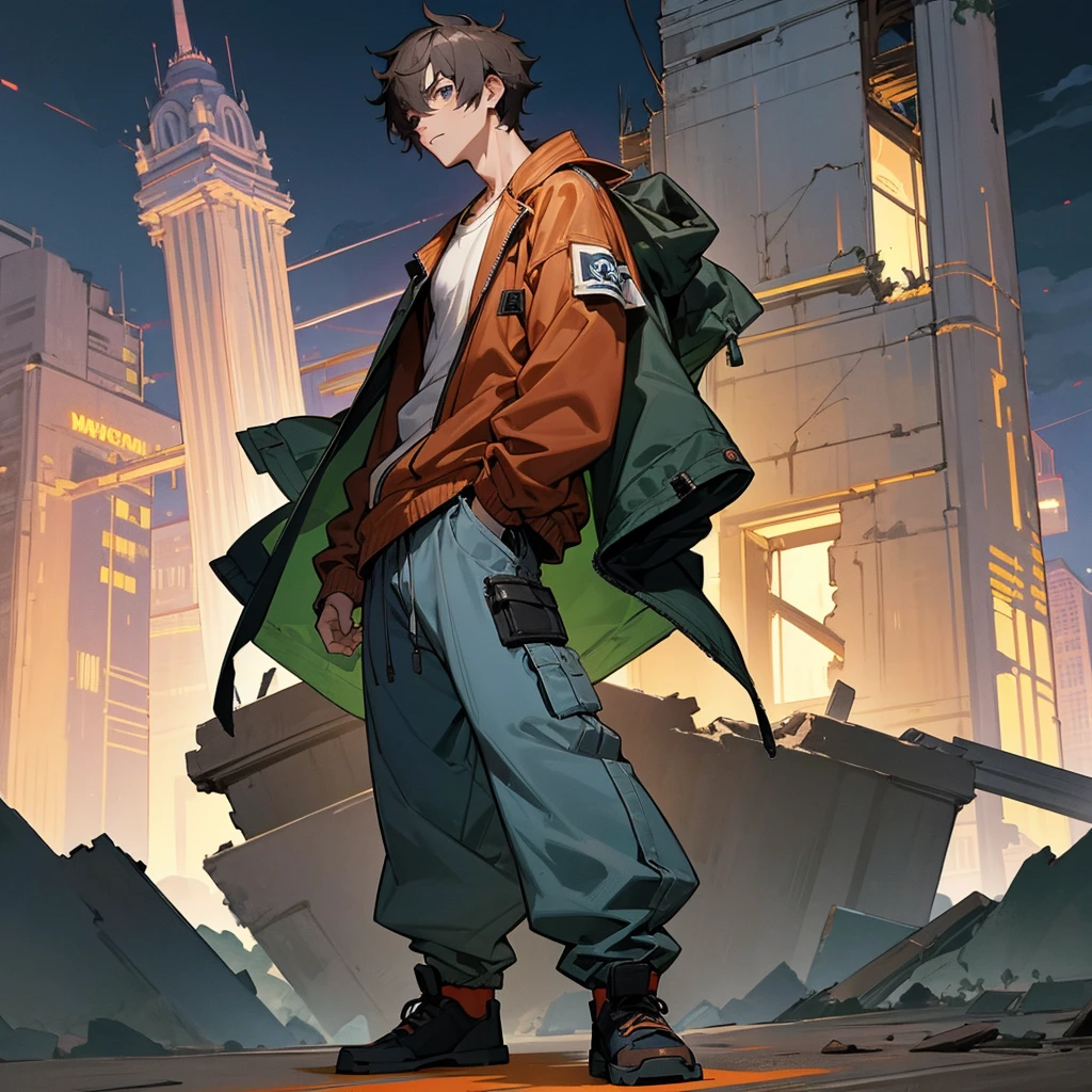 1male, adult, messy short hair, casual clothing, baggy pants, varcity jacket, standing on ruined building, night time, serious expression, muscular, goggles