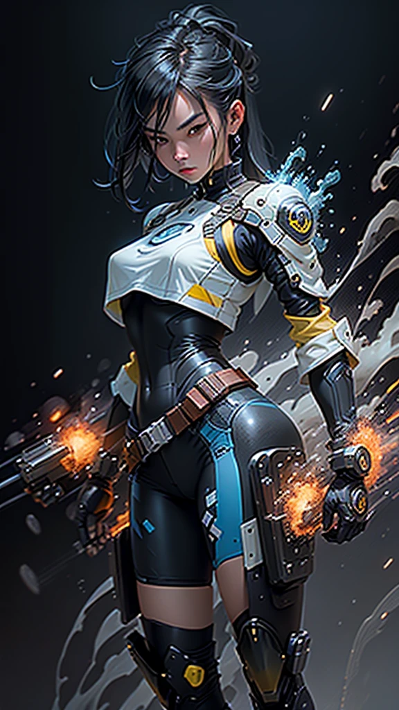 random action close portrait, brush drawing image, beautiful Thai female , aged 20, dynamic fighting action pose with blue advanced sci-fi shooter, long straight black hair with blue highlight forelock, slim fit sci-fi patterns glossy white-blue camisole, black shoulders armour, brown nylon legs with yellow weapons holster on thighs, black-yellow sci-fi low boots, blue sleeves, black gloves, blue smoke explode, white background, 8k resolution