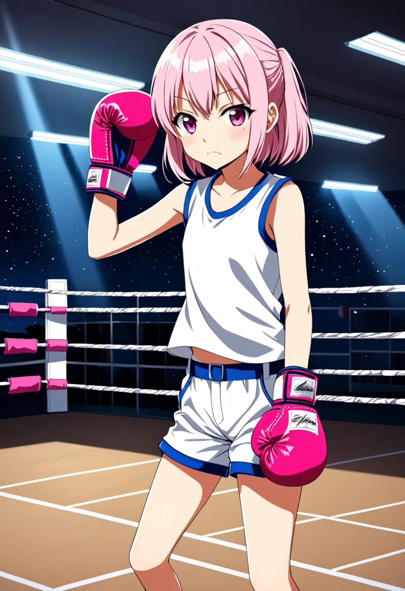 2D anime picture, (anime style 1), single school girl, 10 years old, sadistic, Japanese, красивая длинная чёрная причёска in white t-shirt without sleeves, in white shorts, in pink boxing gloves стоит возле боксёрском ринге, in empty gym, night