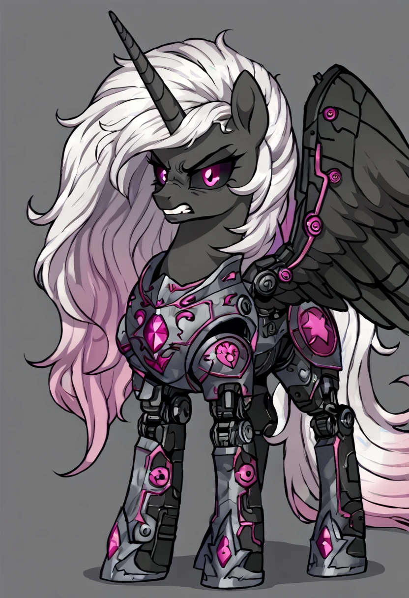 Alicorn , white mane,light blue cybernetic eyes, cybernetic body,black sclera ,black body color long flowing mane princess pony pink eyes badass damaged mad look,armor, angry