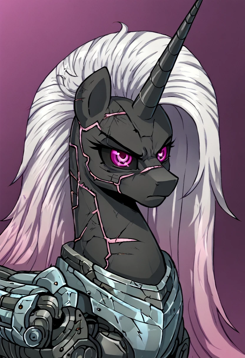 Alicorn , white mane,light blue cybernetic eyes, cybernetic body,black sclera ,black body color long flowing mane princess pony pink eyes badass damaged mad look,armor, angry