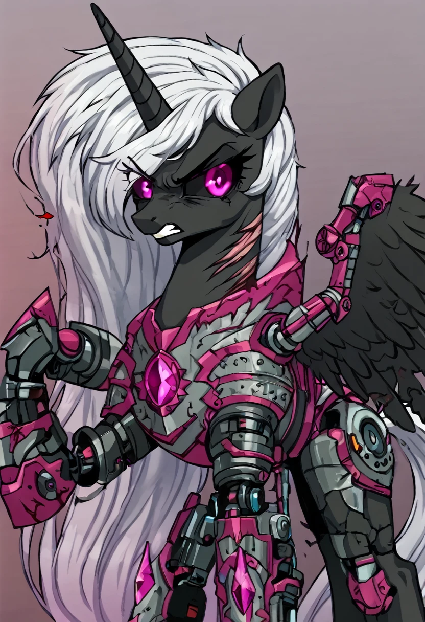 Alicorn , white mane,light blue cybernetic eyes, cybernetic body,black sclera ,black body color  long flowing  mane princess pony pink eyes badass damaged mad look,armor, angry 