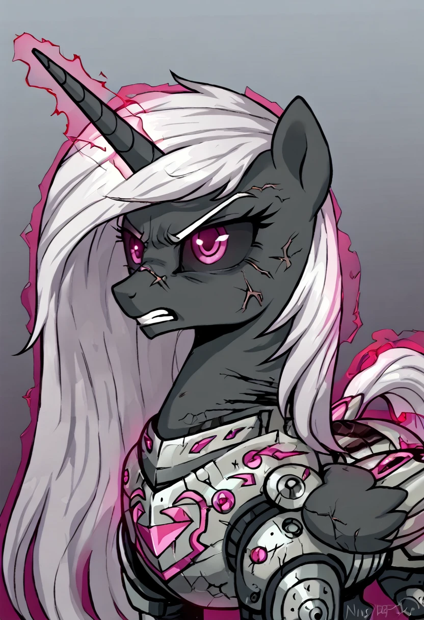 Alicorn , white mane,light blue cybernetic eyes, cybernetic body,black sclera ,black body color long flowing mane princess pony pink eyes badass damaged mad look,armor, angry
