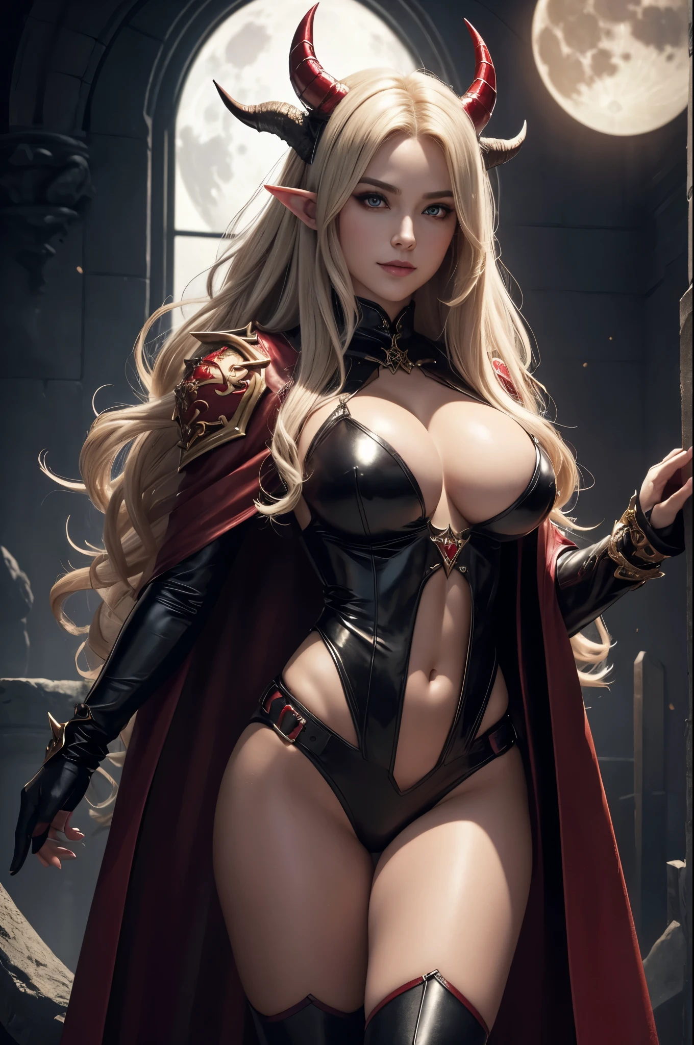 8k,White curly hair with vampire fangs,Close-up of a queen with very large breasts(Ultra-realisticな肌), so beautiful(Like the real thing),Elf Ears,2. 5D CGIファンタジーアートワーク,Portrait of the Queen of the Underworld, Highly detailed art gems, Types of bacteria ; 3D Unreal Engine, demon queen, Big blow Loss Draw, Up to the model | Types of bacteria, Beautiful Succubus　Surreal　Exact details,Ultra-high resolution,Ultra-realistic,Luxurious red and black combat trousers,Sexy Costumes,Intricately crafted demon crest,A muscular and slim macho man,Muscular, slim-legged macho man,Rich colors, Backlight, Cinema Lighting, Film Grain, 50mm lens, Nikon D850,Ultra-high resolution,Ultra-realistic,compensate,Super sexy,smile,Super intense and has a strong abdominal muscle,Big eyes,Very large breasts,whole body muscular,,The supermarket is the moon,Dark purple eyeshadow,God of,Dark Purple Rouge,Sharp eyes,Golden Eyes,Red devil horns,Top view,close,Very large breastsの谷間を強調する,Gorgeous red and black long coat(Leather goods),Full body muscle pump,