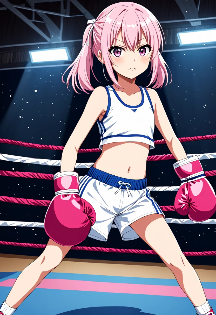 2D anime picture, (anime style 1), single school girl, 10 years old, sadistic, Japanese, красивая длинная чёрная причёска in white sport bra without sleeves, in white boxing shorts, in pink boxing gloves стоит возле боксёрском ринге, in empty gym, night