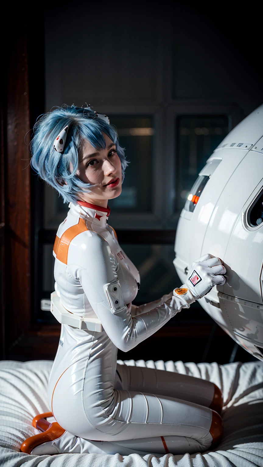 (masterpiece), (best quality), (red eyes), (epiCRealLife), (red lipstick), (j4nu4ryj0n3s) (young woman), (European Model), (Plugsuit), (ayanami_rei plugsuit), interface headset, white bodysuit),(white gloves) (red eyes), (blue hair), (medium breasts),(flash photography), (natural lights), (ample lights),( light smile), (pose for picture), (white gloves), (light smile), (lying on the space bed), (space station lobby), (kneeling poses), (spaceship cockpit), (galaxy scenery), (from side)
