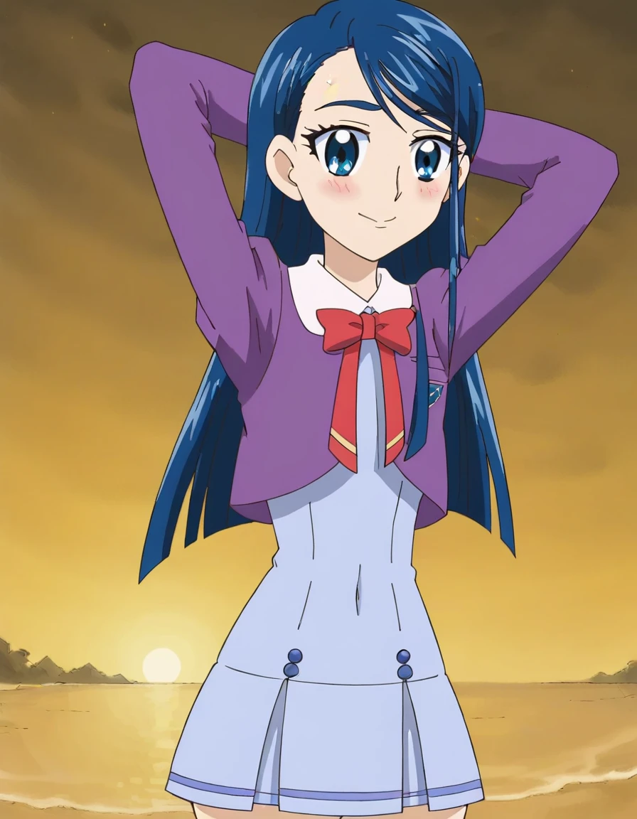 minazuki karen, long hair, blue hair, blue eyes, eyebrows,
, purple jacket, cropped jacket, red bowtie, blue dress, short dress, pleated dress, high quality, solo, 1girl, night sky, beach, arms behind head, contrapposto, closed mouth, spread armpits, (cowboy shot:1.5), looking at viewer, nervous, smile, best quality, blushing,