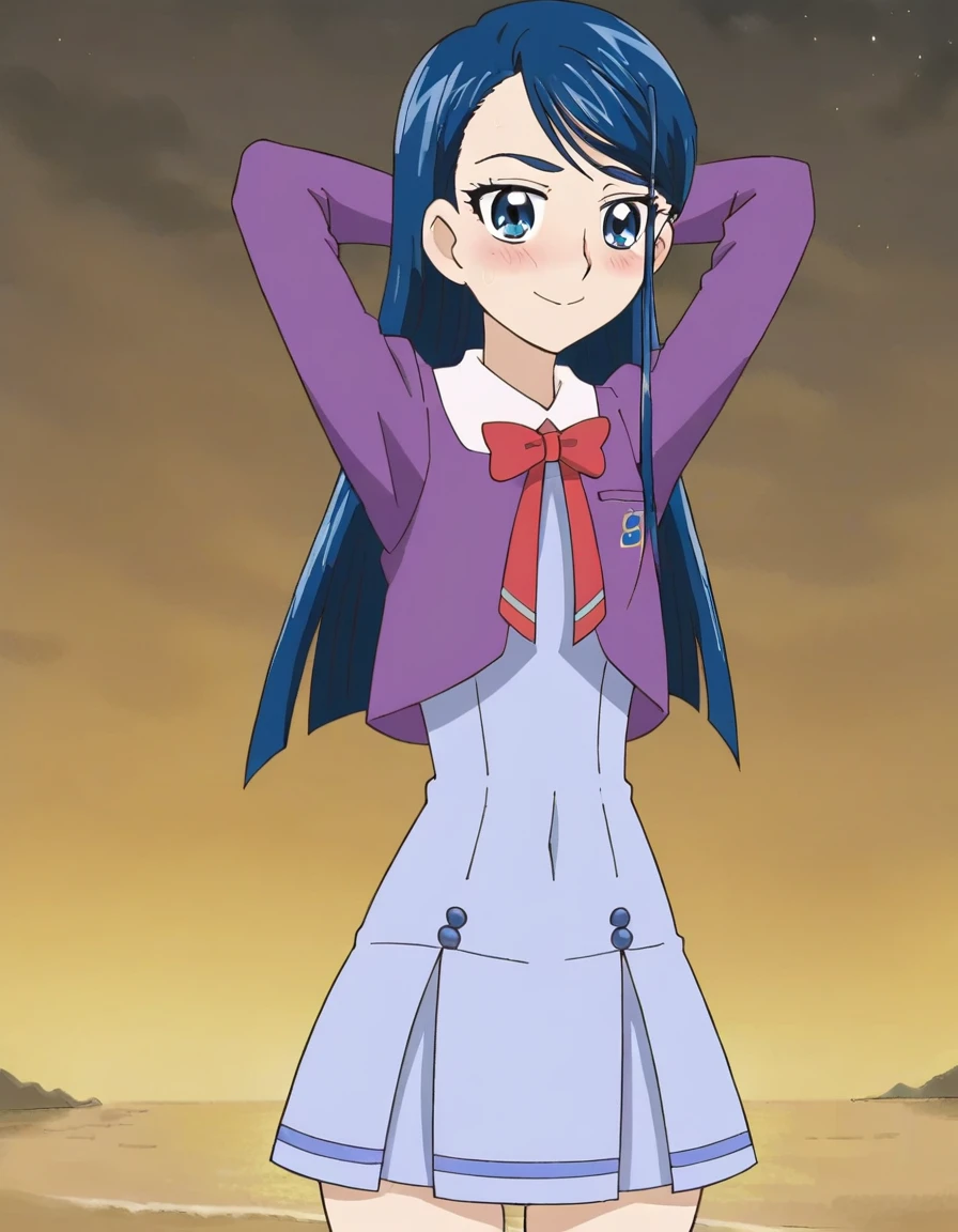 minazuki karen, long hair, blue hair, blue eyes, eyebrows,
, purple jacket, cropped jacket, red bowtie, blue dress, short dress, pleated dress, high quality, solo, 1girl, night sky, beach, arms behind head, contrapposto, closed mouth, spread armpits, (cowboy shot:1.5), looking at viewer, nervous, smile, best quality, blushing,